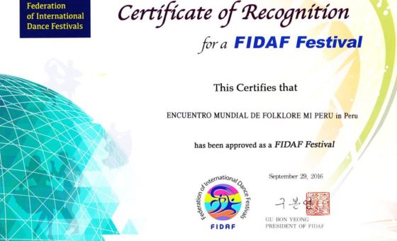 Certificado de reconocimiento por la FIDAF Festival